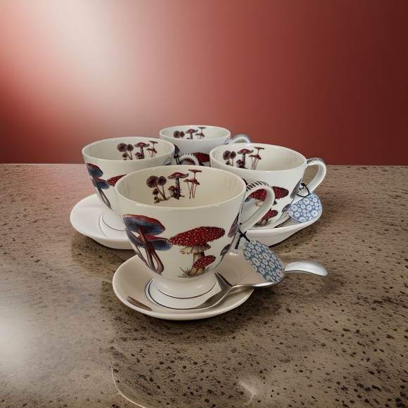Mushroom Coffee Mugs Tea Cups Bluebird and Willow Bone China 4-pc - Picture 2 of 16
